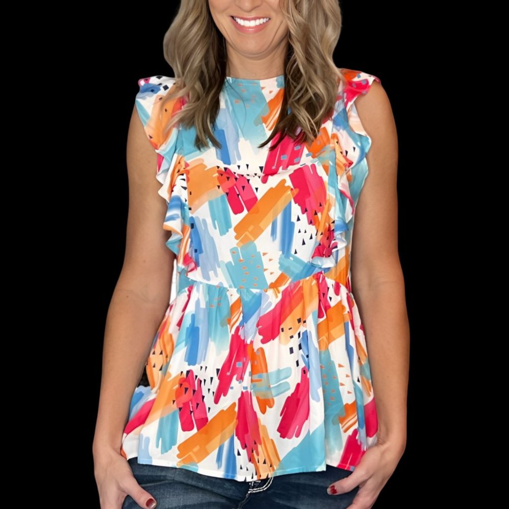 Multicolored Abstract Print V-Neck Ruffle Tank